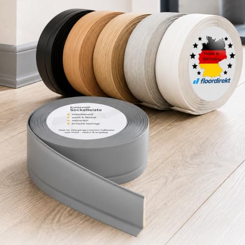 Floordirekt Sockelleiste Selbstklebende Rückseite - 50 x 15 mm - Küchenleiste, Knickleiste individuell zuschneidbar - Weichsockelleiste aus PVC (Länge: 10 Meter, Grau, Oslo)