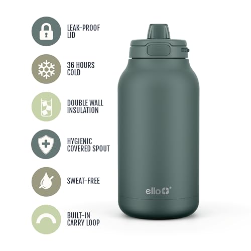 Image of Ello Hydra 64oz Stainless Steel Water Jug with Locking Leak Proof Lid | Reusable Half Gallon Vacuum Insulated Metal Bottle with Silicone Straw, Keeps Drinks Cold All Day, Gift Ready, Olive Tree