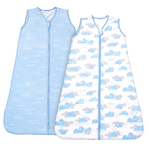 Image of TILLYOU Sleep Sack - Cotton Wearable Blanket Baby 2-Pack Set, Fits Infant Newborn Ages 0-6 Months, Blue Clouds
