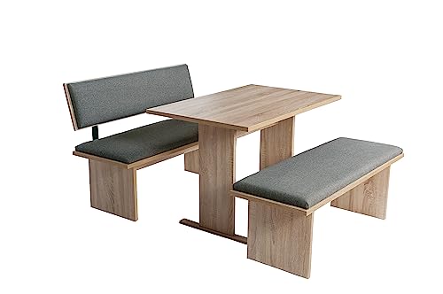 kundler home Essgruppe 3-teilig, Bank mit Lehne, Tisch und Sitzbank, mit Polsterung für hohen Sitzkomfort, ideal als Bank im Esszimmer oder Wohnzimmer, \'Die Stilvolle\', Eiche Premiumdekor