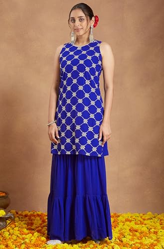 Image of Janasya Women's Royal Blue Georgette Zari Embroidered Straight Kurta with Sharara & Dupatta Set