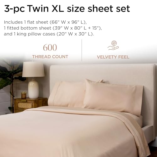 Image of Threadmill 100% Cotton Sheets for Twin XL Size Bed - 600 Thread Count Twin XL Bed Sheets Set with 15 inch Deep Pocket - Sateen Weave 3-Piece Bedding Set with Cooling Effect, Beige