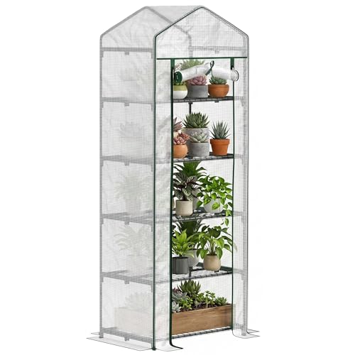 Outsunny Serre de Jardin PE avec étagères 5 Niveaux, Serre de Balcon, bâche renforcée, châssis en Acier, Porte zippée Enroulable, pour légumes Plantes...