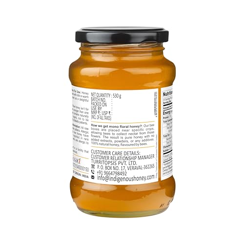 Image of INDIGENOUS HONEY Organic Juliflora Babool Kikar Honey 17.64 oz Glass Jar | Natural Pure Raw Unprocessed Unpasteurized Unheated Honey Pack of 1