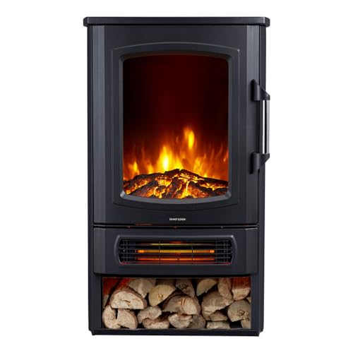 Neo 1000W / 2000W Freestanding Electric Fire Stove Heater Burner Realistic Flame And Log Store (Black) - 8