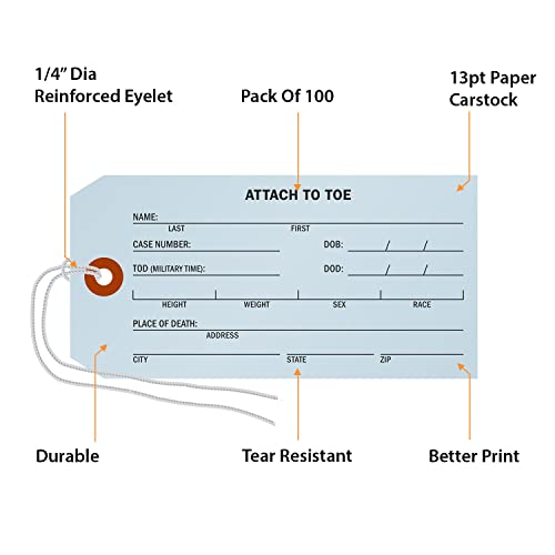 Smartsign Toe Identification Tag For Coroner And Funeral, 5.25" X 2.625" 13Pt Cardstock With Reinforced Hole, Pre-Strung - Pack Of 100 Tags #TOP4