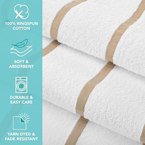 Image of Casa Copenhagen Pack of 2 Cabana Pool XL Towels for Bath Cotton Rough and Tough Use,70 x 140 cm Colour : White Beige Stripe