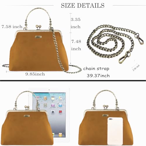 Image of Clutch Purses for Women Vintage 1950s Polka Canvas Kiss Lock Evening Bag Chain Shoulder Bag Brown-velvet