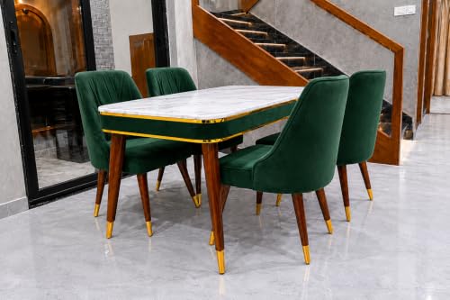 Image of WOODEN SPACE 4 Seater Wooden Dining Table Set | Urban Marble Top Dining Table with Chairs for Dining Room & Kitchen (Modern Frontline Dark Green) (54 x 36 x 30 inch)