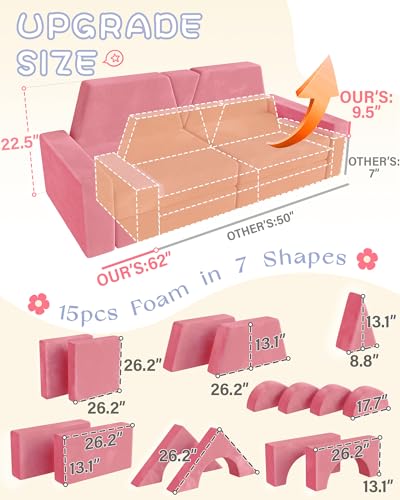 Image of YEFU 15pcs Modular Kids Play Couch, Kids Couch for Toddler & Children, Toddler couches, Kid Couches Fort Building kit for Playroom Furniture, Kid Play Couches, Convertible Sofa for Boys & Girls, Pink
