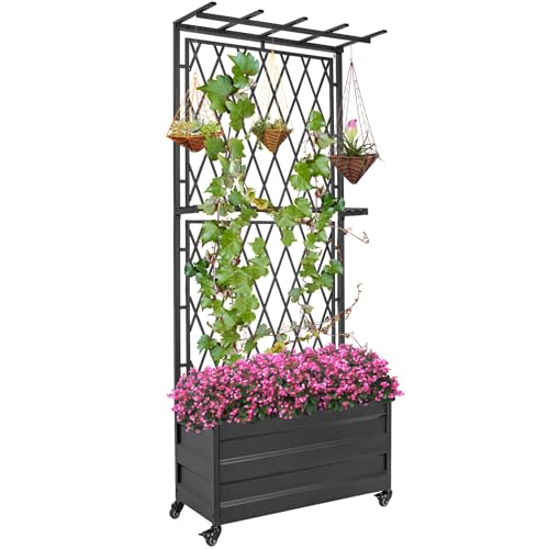 Stonehomy Metal Planter Box with Lattice Trellis and Wheels, 70inches Tall Heavy Duty Planter Box & Raised Garden Bed with Trellis for Climbing Plants Flowers with Drainage Holes, 30Lx12Wx70H Inches