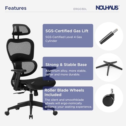Image of Nouhaus Ergo3dL Home Office Desk Chairs Ergonomic Office Chair High-Back Mesh Rolling Work Chairs with Wheels and Adjustable Headrests Comfortable Lumbar Support Adjustable Armrests