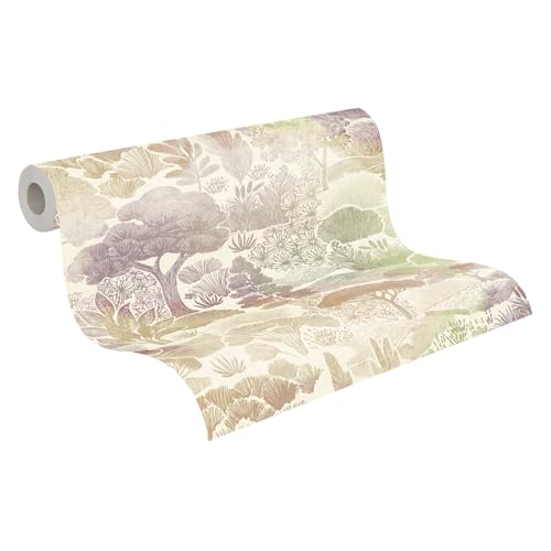 Papel pintado bosque lavable para tapar imperfecciones en paredes crema y verde 3