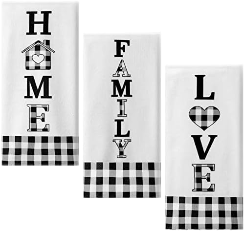 3 Pieces Buffalo Plaid Home Family Love, Black and White,Country Christmas Kitchen Towels Set Fast Drying Farmhouse, Decorative Towels for Cooking Baking (Cute)