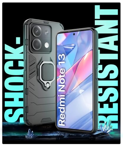 Image of WOW IMAGINE Shock Proof Back Case Mobile Cover for Xiaomi Mi Redmi Note 13 5G | Back Cover Case (Tough Armor | Hybrid PC + TPU | Ring Holder & in-Built Kickstand | Black)
