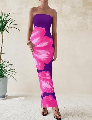 Image of PRETTYGARDEN Women Summer Strapless Maxi Dress Bodycon Floral Sexy Long Wedding Guest Dress Formal Tube Mesh Cocktail Dresses
