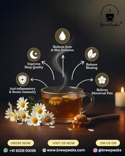 Image of BrewPeaks Organic Chamomile Flower Tea | 100% Natural Dried Flowers | Caffeine-Free Herbal Tea for Relaxation, Better Sleep, Calming Mind & Digestion Support | Anti-Inflammatory Loose Tea (25g)