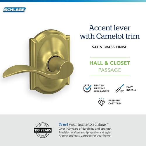 Image of SCHLAGE Accent Lever with Camelot Trim Hall and Closet Lock in Satin Brass - F10 ACC 608 CAM