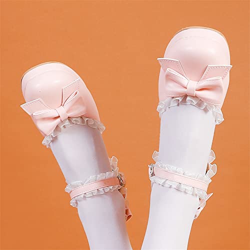 Elbslutt Women's Cute Chunky Platform Sandals Mary Janes Bows Block Heels Lace Closed Toe Ankle Strap Pumps Sweet Shoes 5