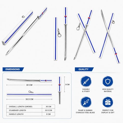 Image of Anime Katana Sword, Demon Slayer Inspired Cosplay Prop, Stainless Steel Blade, Gold Finish, 30 cm (White & Blue)