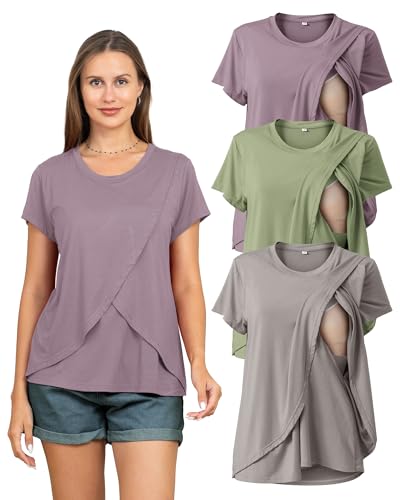 Image of Rnxrbb 3 Pack Women's Nursing Tops for Breastfeeding Summer Short Sleeve T Shirts Postpartum Double Layer Clothes