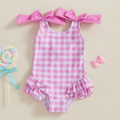 Toddler Girls Plaid Swimsuit Romper Ruffles Bowknot Decor Beachwear Sleeveless Beach Bathing Suit3