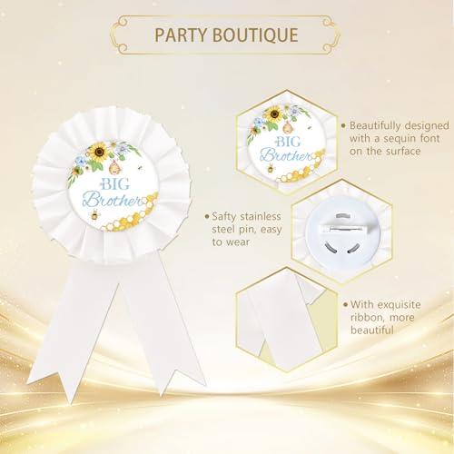 Image of Bee Big Brother Tinplate Badge Pin, Brother To Bee Button Pin, White Rosette Award Ribbon Pin for Gender Reveal /What Will It Bee Party, Gifts for Bee Themed Baby Shower Party Celebration