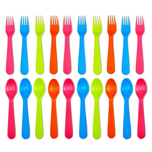 Jawbush 20 Pcs Kids Plastic Utensils Kids Forks and Spoons Set, Reusdable Toddler Silverware Cutlery Set with Bright Colors Ideal for School Lunch Box or Travel, Size also for Adults, BPA Free