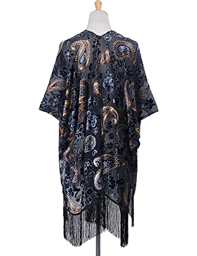 Image of MJ SERECA Women's Burnout Velvet Kimono Cardigan Cover Up with Tassel