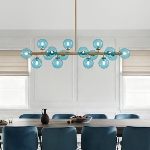 CROSSIO Mid Century Modern Blue Glass Gold Chandelier Rectangle Pendant