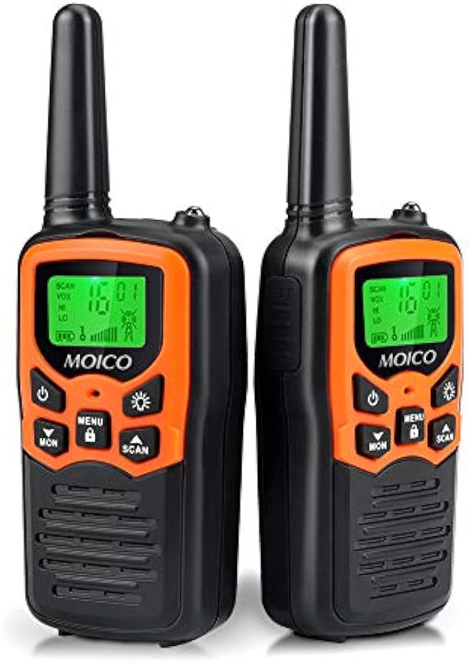 Walkie Talkies, MOICO Long Range Walkie Talkies for Adults with 22 FRS Channels, Family Walkie Talkie with LED Flashlight VOX LCD Display for Hiking Camping Trip (Orange 2 Pack)