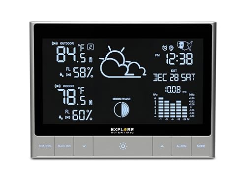 Explore Scientific Stazione Meteo, WSH5002, Sensore Esterno, Temperatura e Umidità (Interna/Esterna), Pressione Atmosferica, Previsioni del Tempo, Avviso di Gelo, Ora, Data e Sveglia
