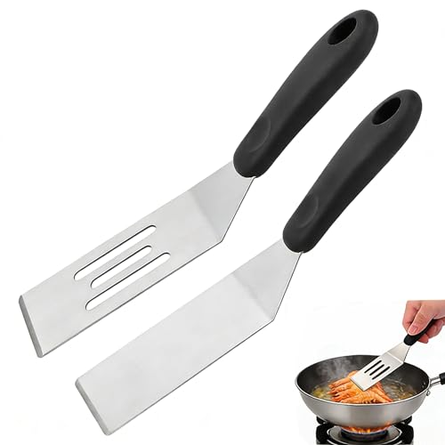 Stainless Steel Spatula 2-Pack Slotted Turner & Solid Metal Cooking Spatula for Griddle BBQThin Edge Fish Spatula for Flipping Eggs Burgers Small Kitchen Utensils Set Silver