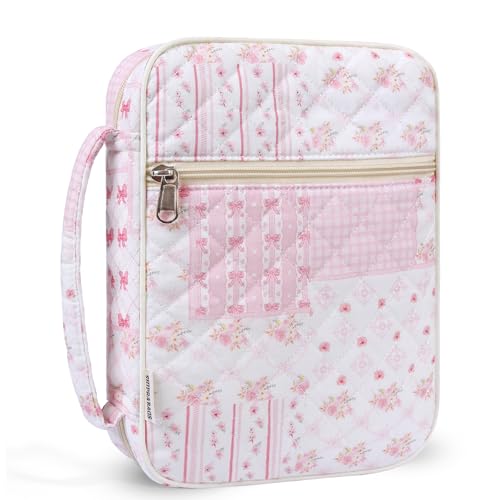 shirabags Quilted Bible Cover Case for Women - Elegant Cotton Bible Bag for Study, Church, Christian Gifts for Women (Pink Bow Patchwork, L)