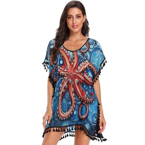 KAAVIYO Flower Octopus Abstract Blue Women's Beach Cover Up Chiffon Tassel Swimwear Swimsuit Coverups for Girl