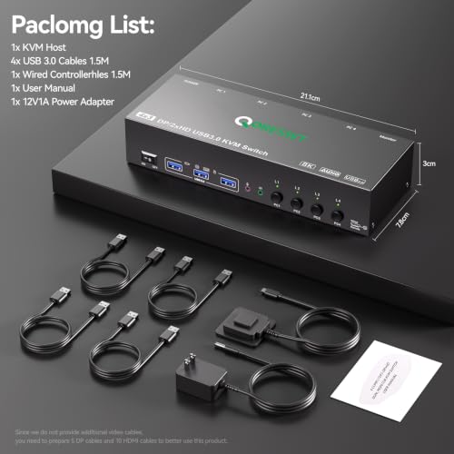Image of KVM Switch 3 Monitors with Audio, HDMI DisplayPort Triple Monitor KVM Switcher 4 Computers 3 Monitors, Support 8K@30Hz /4k@144Hz for 4 PC Share 3 Display and USB 3.0 Devices