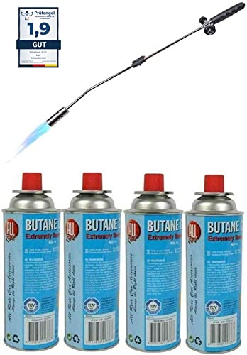 Quemador de malezas RHP 80 cm, incluidos 4 cartuchos de gas butano de 227 g, quemador de gas con encendido piezoeléctrico, quemador de llama ajustable