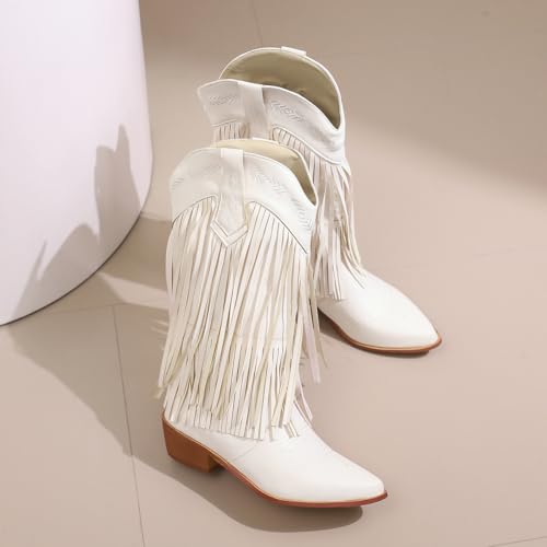 Women's Fringe Cowboy Knee High Boots Cowgirl Boots Pointed Toe Tassel Block Heel Embroidery Stitched Western Boots4
