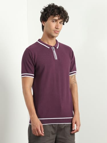 Image of NOBERO Men's Textured Polo Shirt, 100% Cotton Flat Knit, Regular Fit, Vibrant Hues, Classic Polo Collar, Soft & Breathable Casual Wear