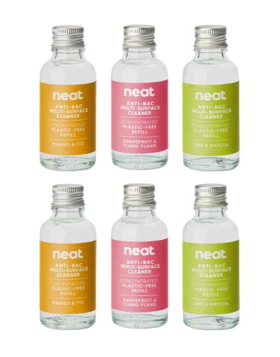 Neat Eco-Friendly Multi-Surface Antibacterial Spray Refill Kit Mango & Fig Grapefruit & Ylang Ylang Lime & Matcha Natural Cleaning Solution for Home & Office Pet Friendly Plant Based 6x30ml