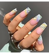 24pcs Press on Nails Medium Aegenacess Matte Square False Nails with Designs False Nails with Adh...