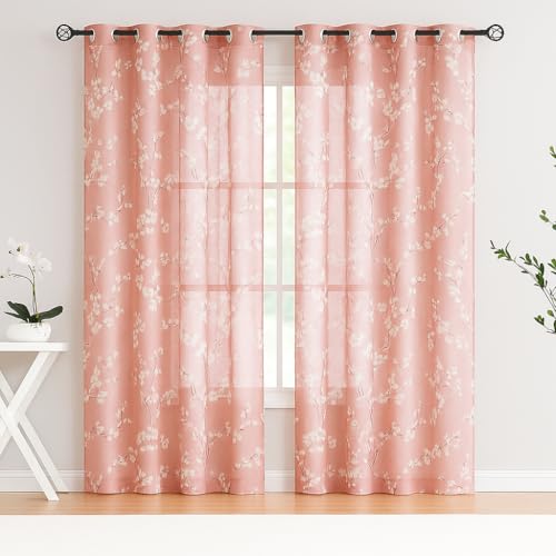 Image of BFAM Sheer Curtain with Floral Print, Premium Printed Sheer Drapes, Eyelet /Grommet Curtain for Living Room, Bedroom, Light Filtering Curtains, Pink Floral 5 Feet,Pack of 1 Curtain