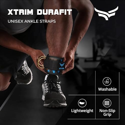 Image of XTRIM Unisex Stylish Ankle Straps with Metal D-Rings for Cable Machine, Kickbacks and Glutes Workouts, Adjustable Ankle Straps, Curls & Hip Abductors with Padded Neoprene Support (Army Blue)