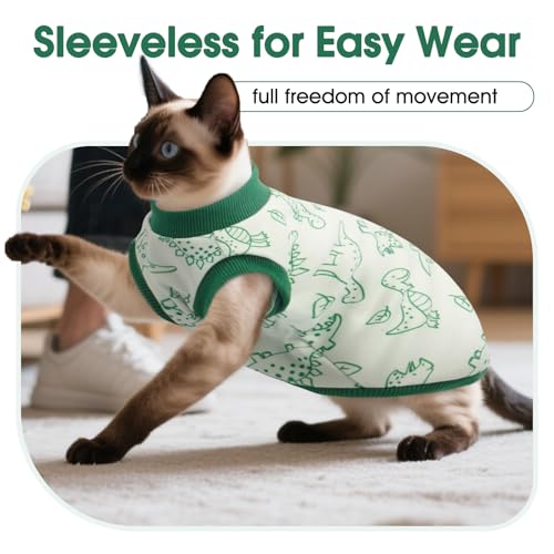 DENTRUN Sleeveless Cat Vest with Dinosaur Print, Breathable Ultra-Soft Dralon Fleece Cat Sweater, All-Season Pet Costume Apparel for Cats, Kitten Clothing for Indoor/Outdoor, Green, XS - Image 3