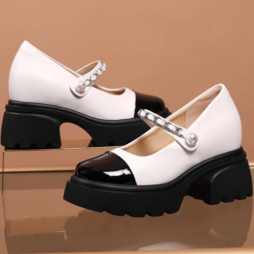 Elegant & Comfort Round-Toe Mary Jane Shoes Women with Metal Chain & Pearl Design Genuine Leather Waterproof Chunky Platform Wedge for Dressy Work2