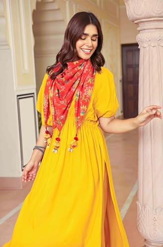 Image of Janasya Women's Mustard Rayon Solid Kurta with Palazzo and Scarf