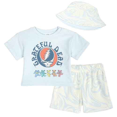 Grateful Dead Bands Baby Boys Short Sleeve Graphic Tee Pull-On Shorts and Reversible Sun Hat Outfit Sky Blue 18 Months