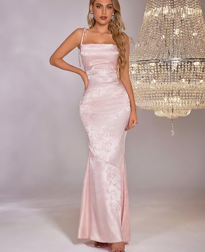 Image of GLNEGE Wedding Guest Maxi Prom Dress Lace Up Satin Formal Dresses for Women | Spaghetti Strap Cocktail Elegant Bridal Shower Wgute Dress Bodycon Mermaid Long Evening Black Tie Dresses for Women