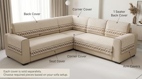 Image of Beige Velvet Sofa Mat, L Shape 3+3 | Full Cover for Seat & Back, Anti-Skid, Machine Washable