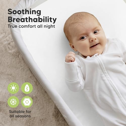 Image of 2pk Organic Bassinet Sheets, Compatible with Baby Delight (Soft White) | 100% Cotton Bassinet Sheets for Boys, Girls, 32 x 21 Rectangle Baby Bassinet Mattress Sheets, Soft Breathable Bedside Cover